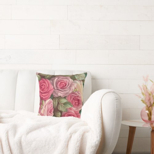 Victorian Rose Garden _ Pastel Pink Blooms Throw Pillow