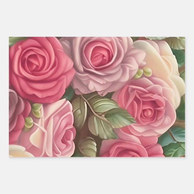 Victorian Rose Garden - Pastel Pink Blooms Wrapping Paper Sheets (Front)