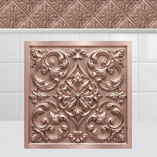 Victorian Rose Gold Pink Embossed Filigree Antique Ceramic Tile