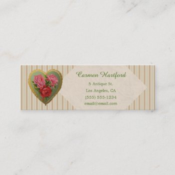 Victorian Rose Heart And Striped Linen Mini Business Card by retroflavor at Zazzle