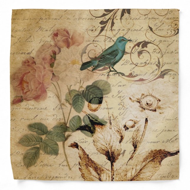 Victorian Rose Paris Scripts french bird botanical Bandana (Front)