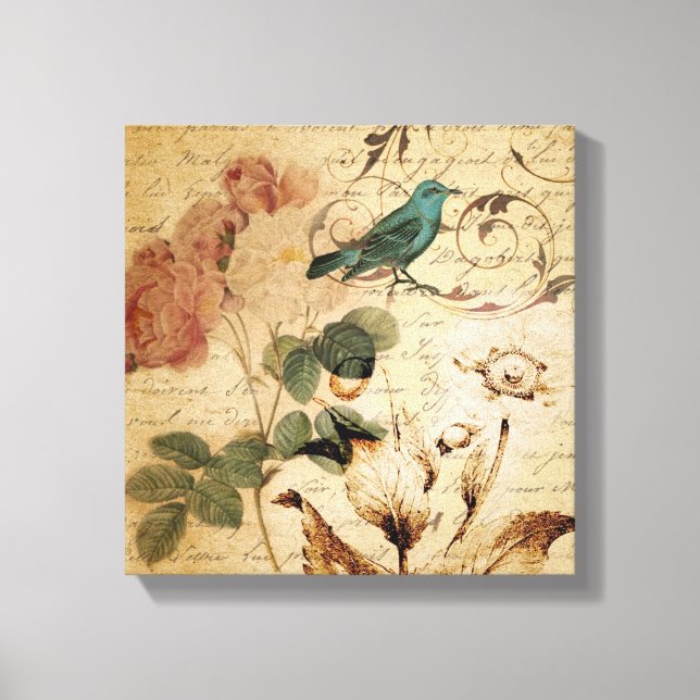 Victorian Rose Paris Scripts french bird botanical Canvas Print (Front)
