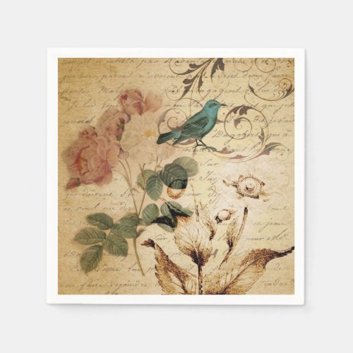 Victorian Rose Paris Scripts french bird botanical Paper Napkins