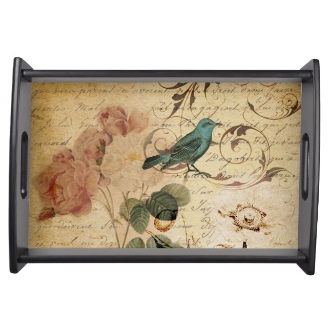 Victorian Rose Paris Scripts french bird botanical Serving Tray (Front)