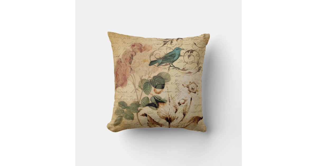 French Script Throws Victorian Rose Paris Scripts french bird botanical Throw Pillow | Zazzle