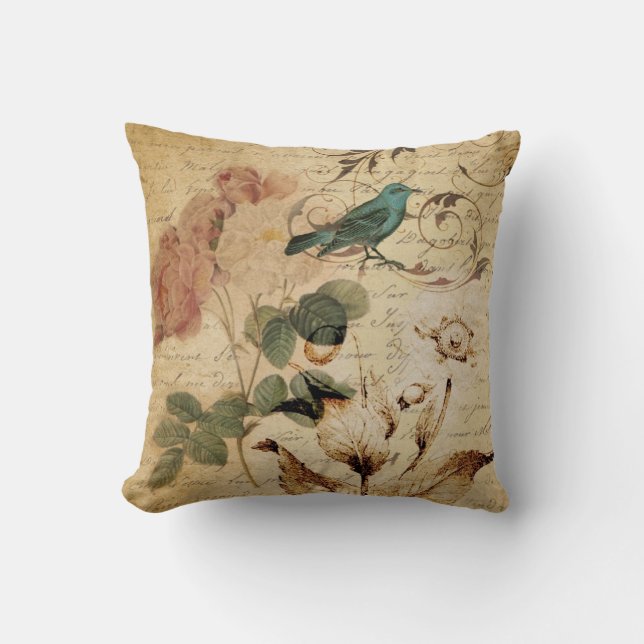 Victorian Rose Paris Scripts french bird botanical Throw Pillow (Front)