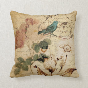Victorian Rose Paris Scripts french bird botanical Throw Pillow