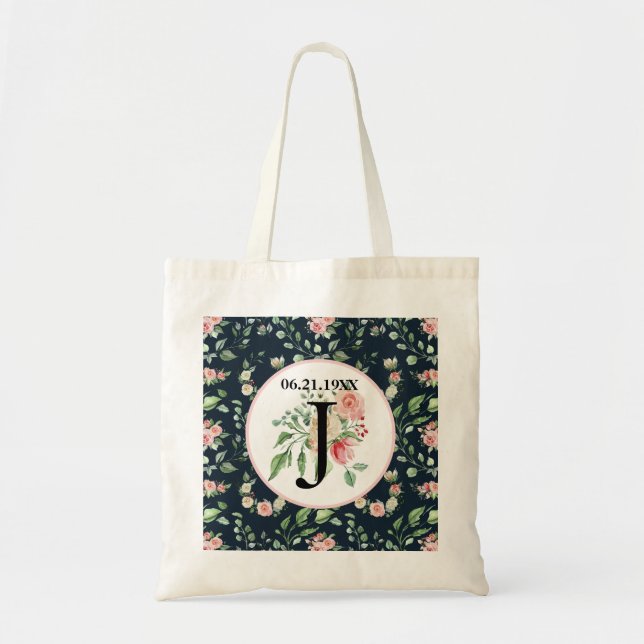 Victorian Rose Pattern Monogram, Wedding Date Tote Bag (Front)