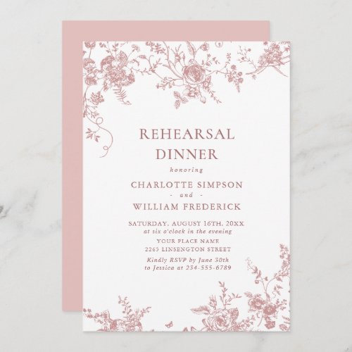 Victorian Rose Pink French Garden Rehearsal Dinner Invitation
