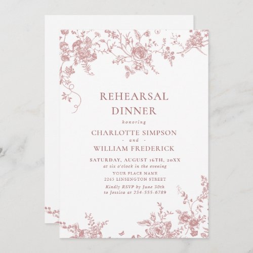 Victorian Rose Pink French Garden Rehearsal Dinner Invitation