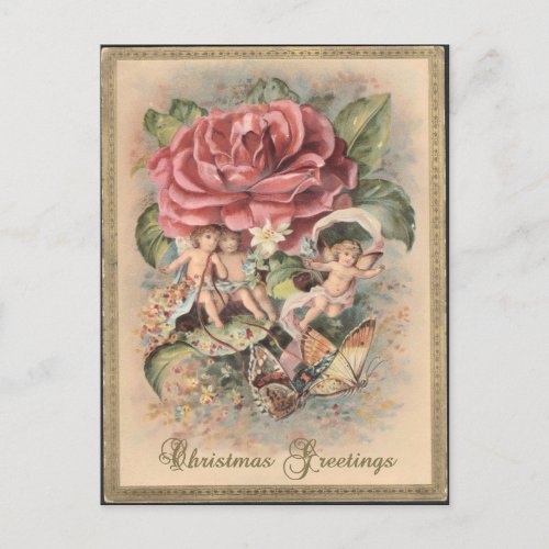 Victorian Roses  Cherubs Christmas Postcard