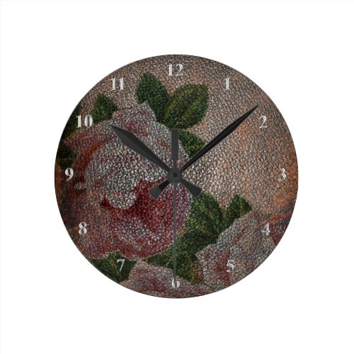 Victorian Roses Faded Faux Leather Rustic Girly Round Clocks