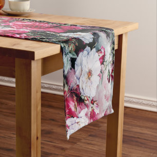 Victorian Roses Floral pink mauve white black Short Table Runner