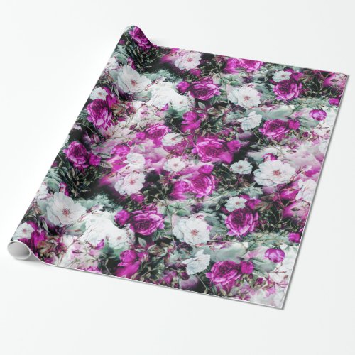 Victorian Roses Floral pink purple white black Wrapping Paper