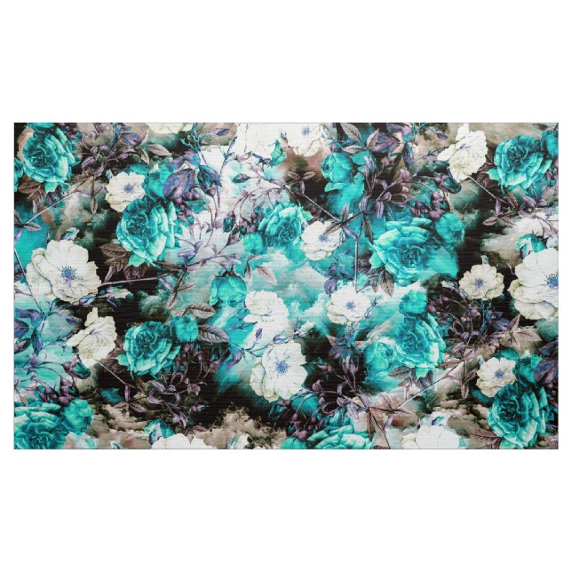 Victorian Roses Floral turquoise teal white black Fabric (Yard)