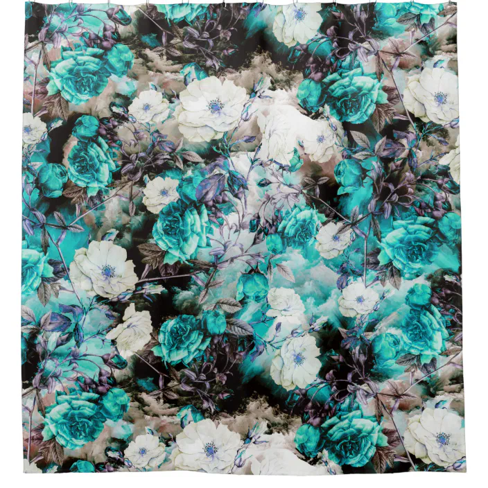 Victorian Roses Fl Turquoise Teal, Turquoise And Black Shower Curtain
