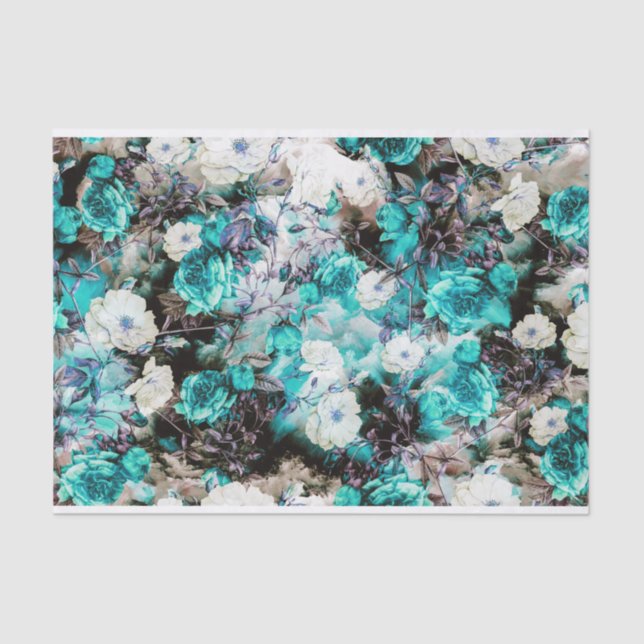 Victorian Roses Floral turquoise teal white black Tissue Paper (Front)