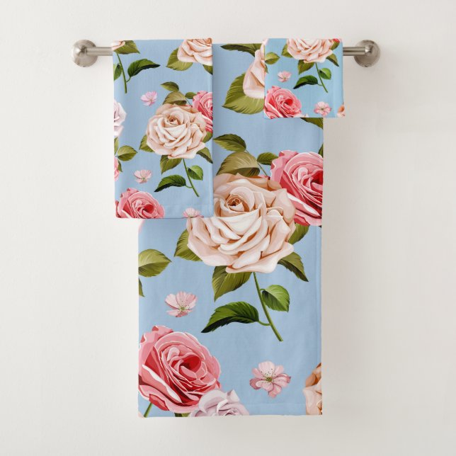 Victorian Roses on a Blue Background Bath Towel Set (Insitu)