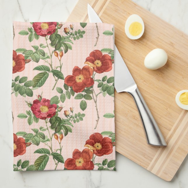 Victorian Roses Pink Stripe Background Kitchen Towel (Quarter Fold)