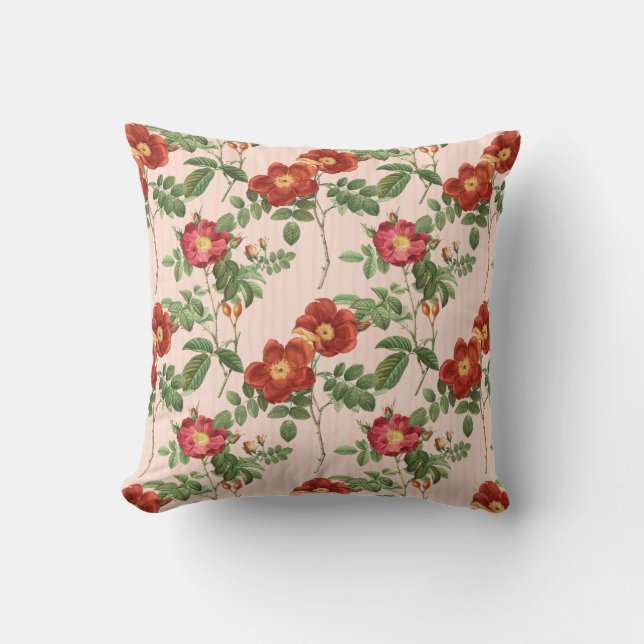 Victorian Roses Pink Stripe Background Throw Pillow (Front)