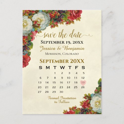 Victorian Roses Wedding Save the Date Calendar Announcement Postcard