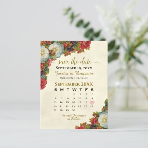 Victorian Roses Wedding Save the Date Calendar Announcement Postcard