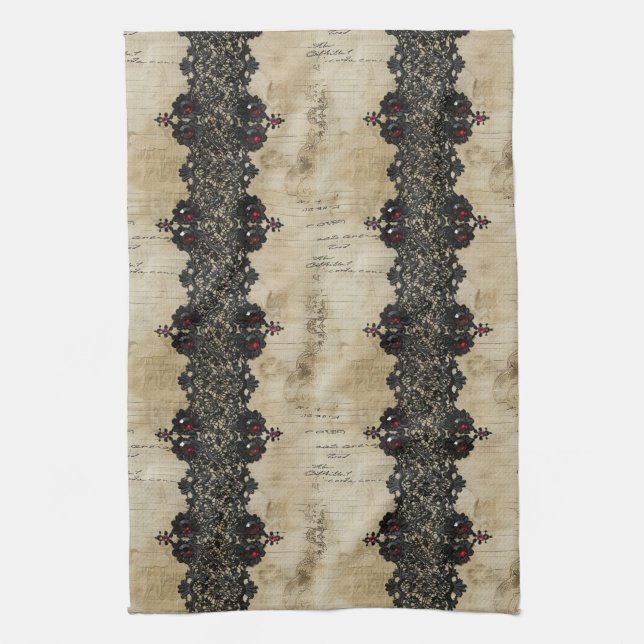 Victorian Ruby Lace Gothic Pattern (6) Kitchen Towel (Vertical)