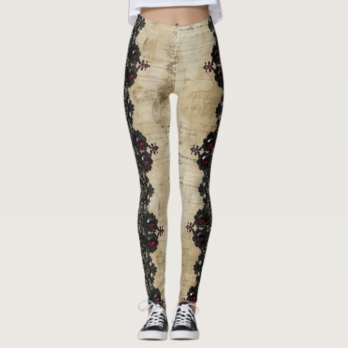 Victorian Ruby Lace Gothic Pattern (6) Leggings