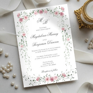 Victorian Sage Blush Pink Floral Vine Wedding Invitation