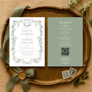 Victorian Sage Green All in One Wedding Monogram Invitation