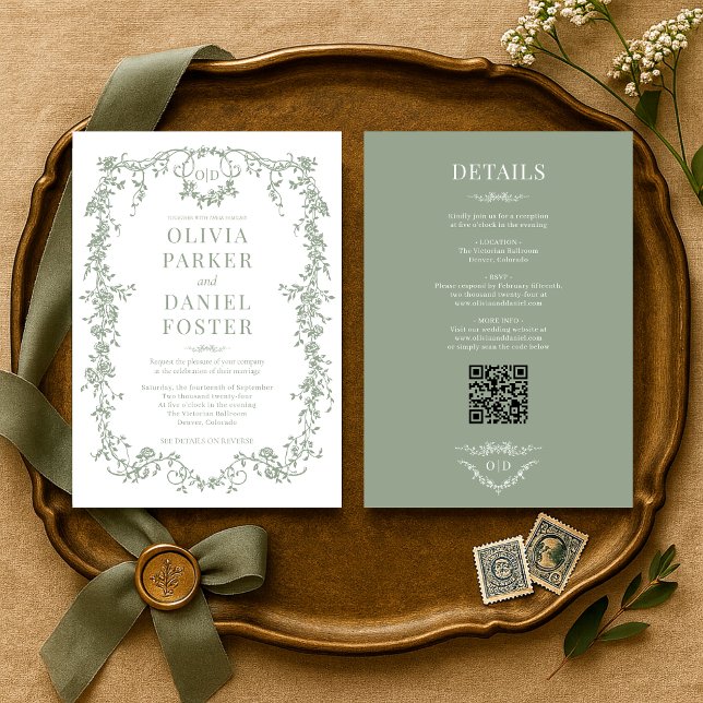 Victorian Sage Green All in One Wedding Monogram Invitation (Creator Uploaded)