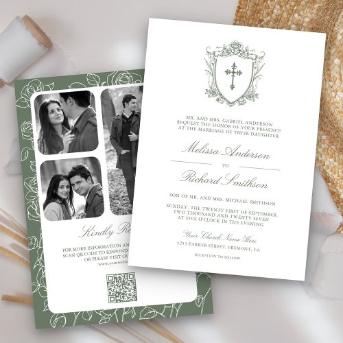 Victorian Sage Green Catholic QR Code Wedding Invitation