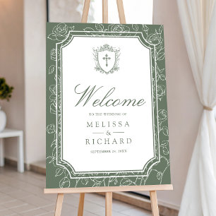 Victorian Sage Green Catholic Wedding Welcome Sign