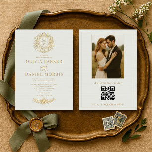 Victorian Sage Green Floral QR Code Photo Wedding Invitation