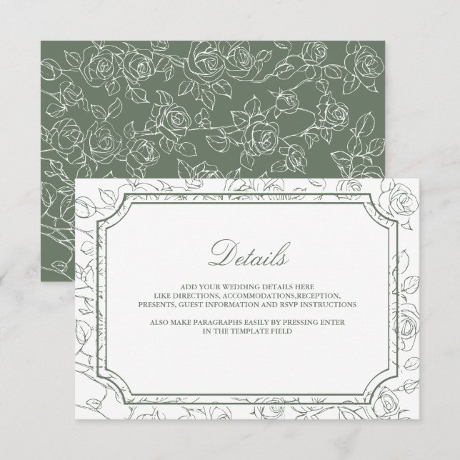 Victorian Sage Green Line Art Wedding Details Enclosure Card (Front/Back)