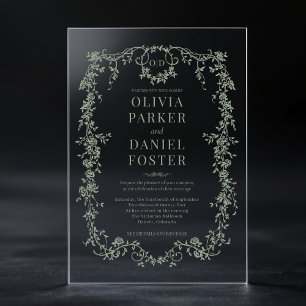 Victorian Sage Green Wedding Monogram Acrylic Invitations