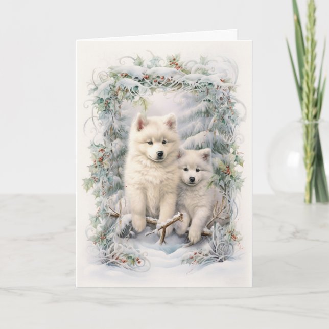 Victorian Samoyed Puppy Christmas Holiday Card (Front)