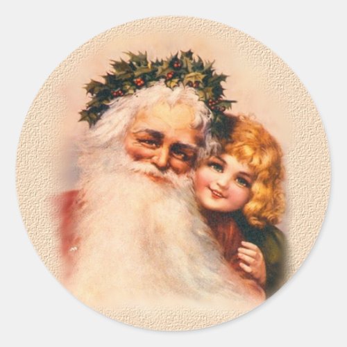 Victorian Santa and Girl Classic Round Sticker