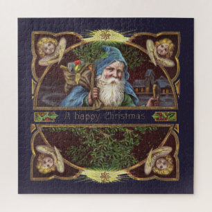 Victorian Santa Angels Blue Christmas Vintage Art Jigsaw Puzzle