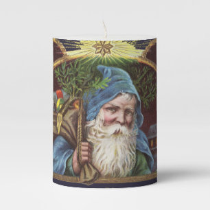 Victorian Santa Angels Blue Christmas Vintage Art Pillar Candle