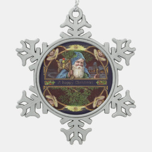 Victorian Santa Angels Blue Christmas Vintage Art Snowflake Pewter Christmas Ornament