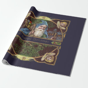 Victorian Santa Angels Blue Christmas Vintage Art Wrapping Paper