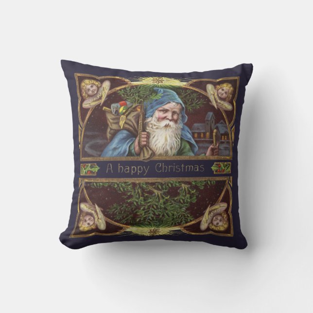 Victorian Santa Angels Christmas Antique Throw Pillow (Front)