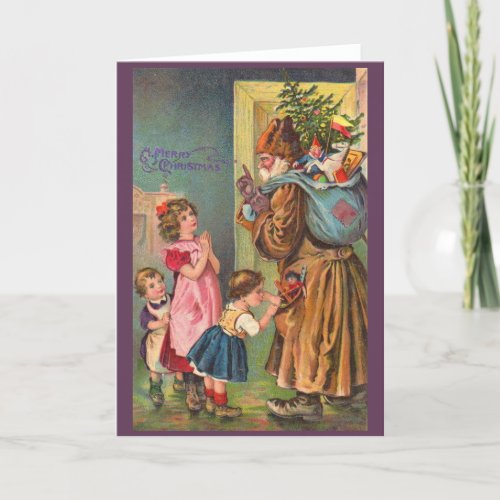 Victorian Santa Claus and children Merry Christmas Holiday Card