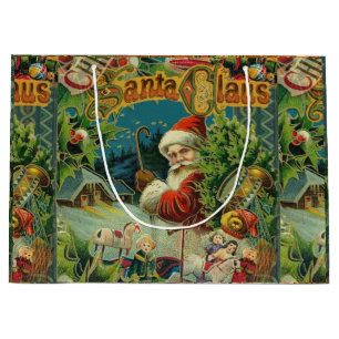 Victorian Santa Claus Christmas Collage Antique  Large Gift Bag