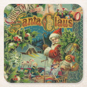 Victorian Santa Claus Christmas Collage Antique Square Paper Coaster