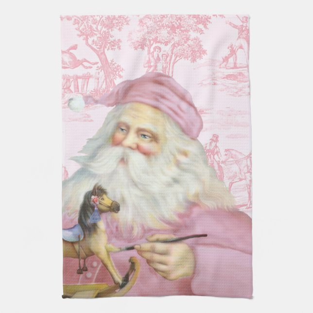 Victorian Santa Claus in Pink Toile de Juoy Kitchen Towel (Vertical)