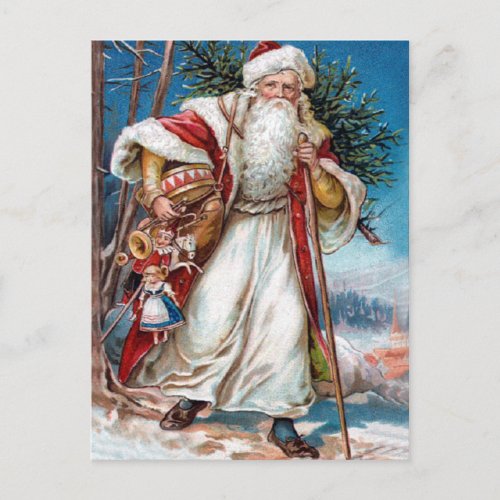 Victorian Santa Claus in Red Velvet and White fur Holiday Postcard