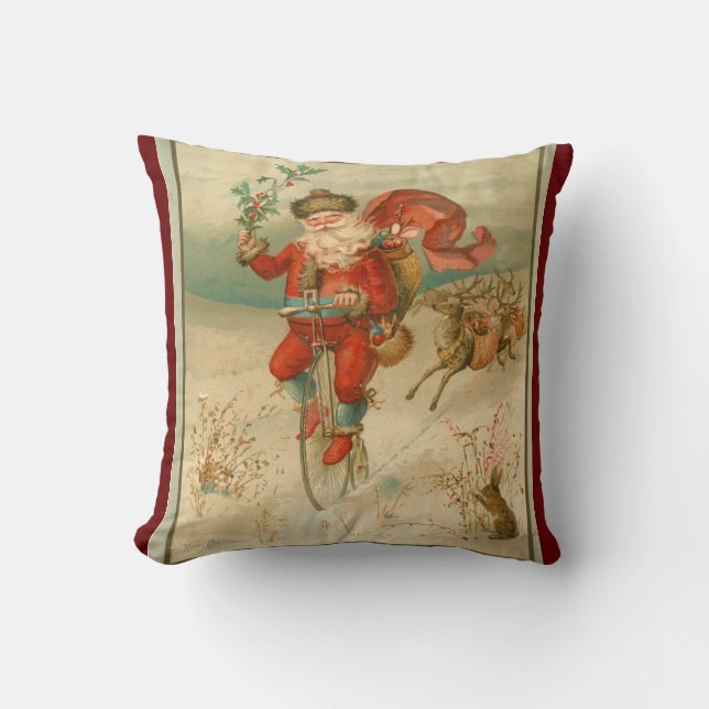 Victorian Santa Claus on high wheel bicycle Throw Pillow (Front)