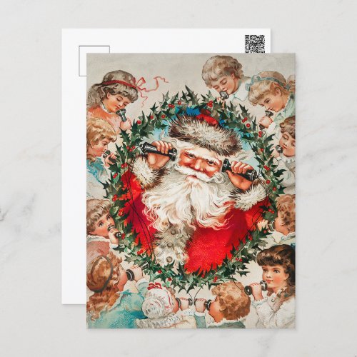Victorian Santa Claus on Telephone with Children Holiday Postcard